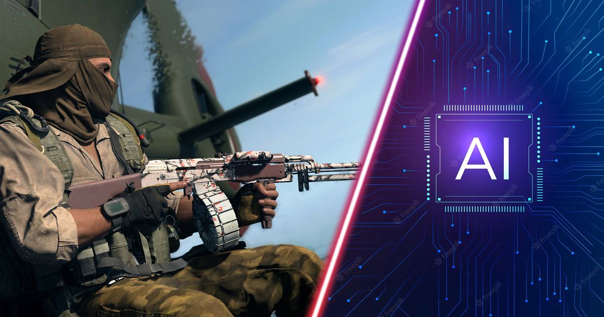 Modern Warfare 2 player holding gun and AI logo on purple background