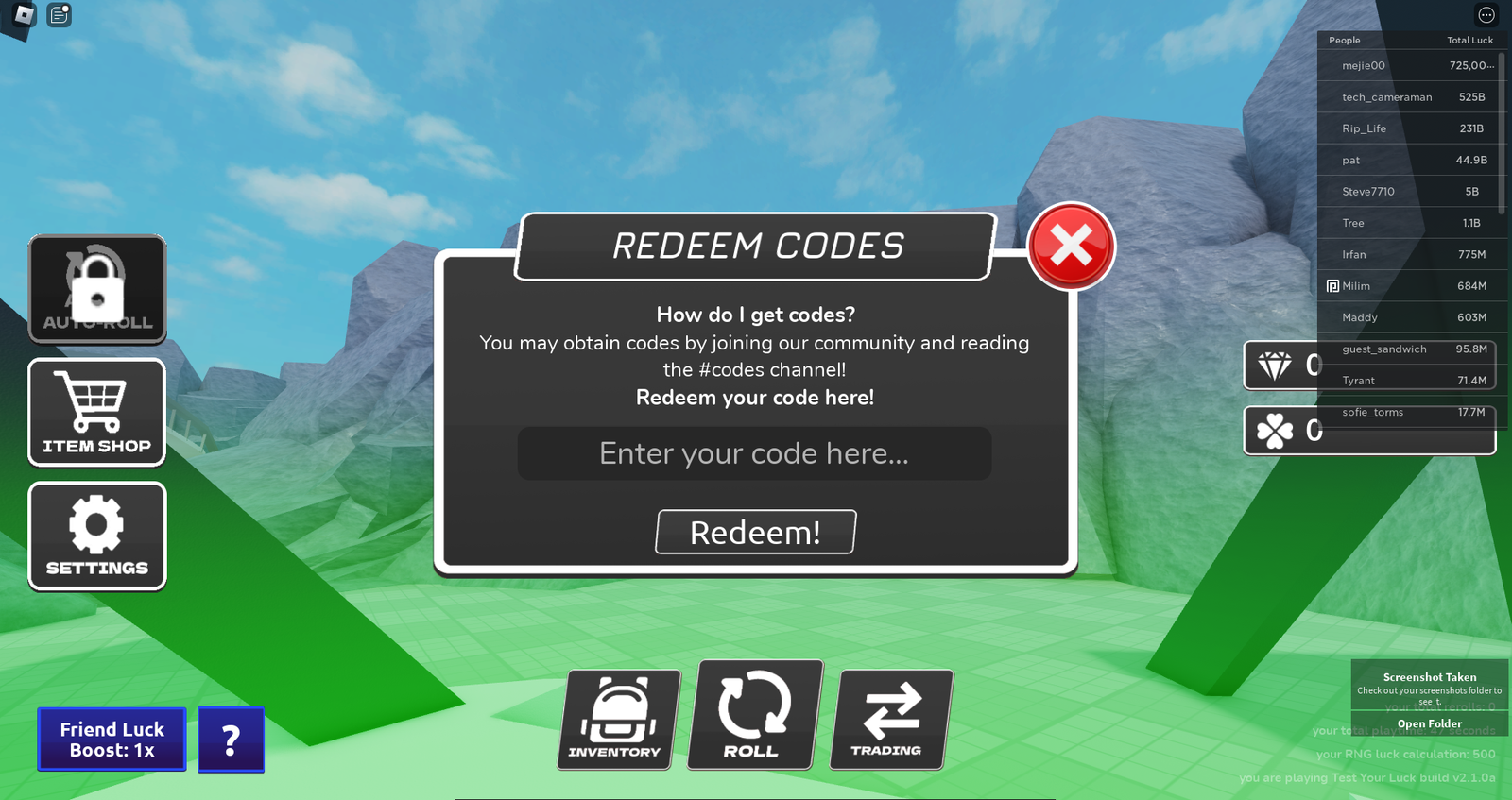 Test Your Luck redeem codes window