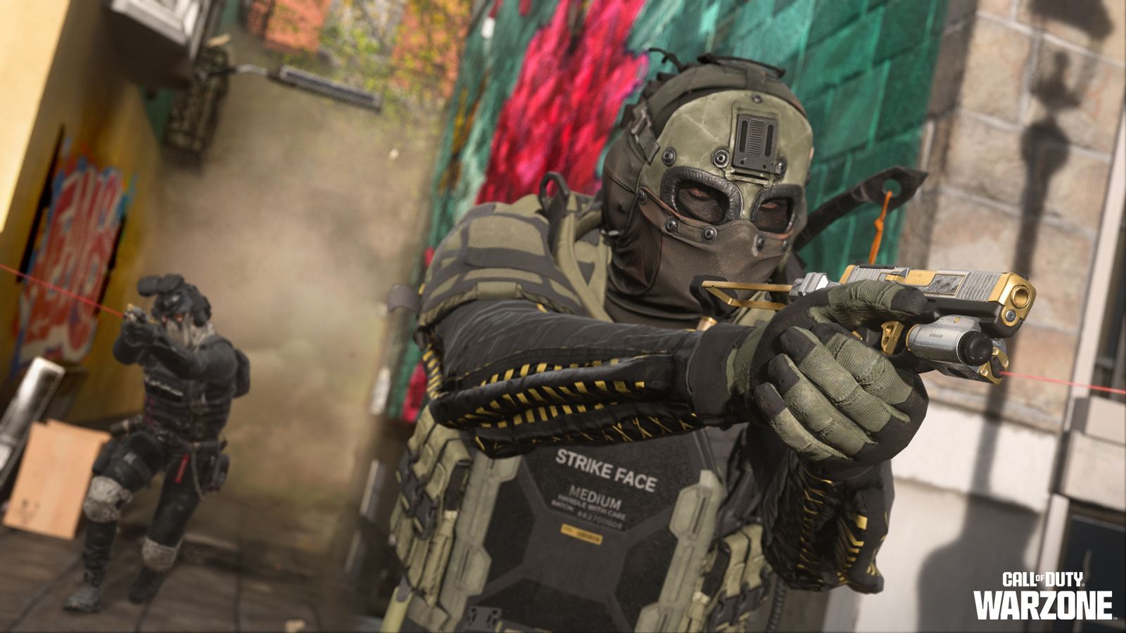 Screenshot of Warzone player carrying pistol with another player in the background.