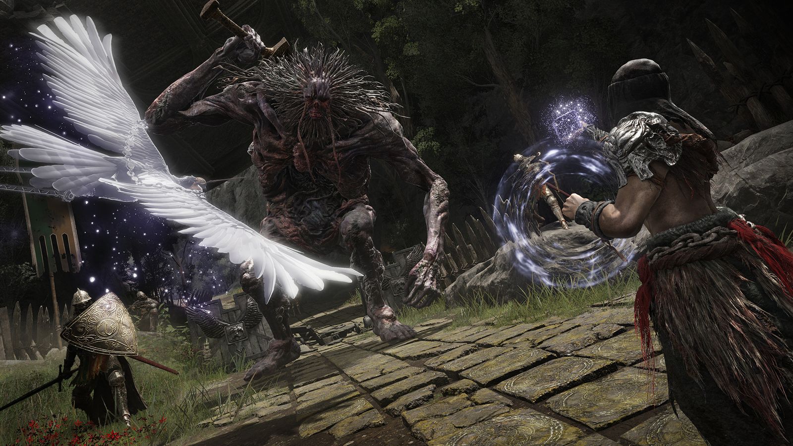 A player casts magic at a giant enemy as an eagle summon swoops in
