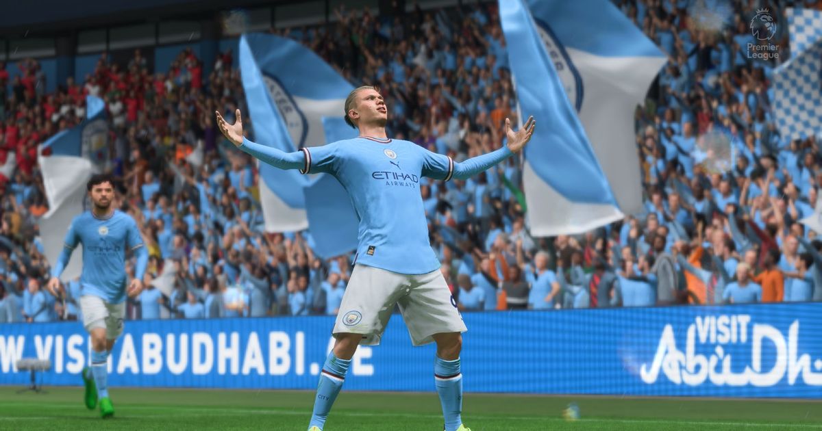 Screenshot of EA Sports FC Erling Haaland with hands in the air in front of an advertising barrier