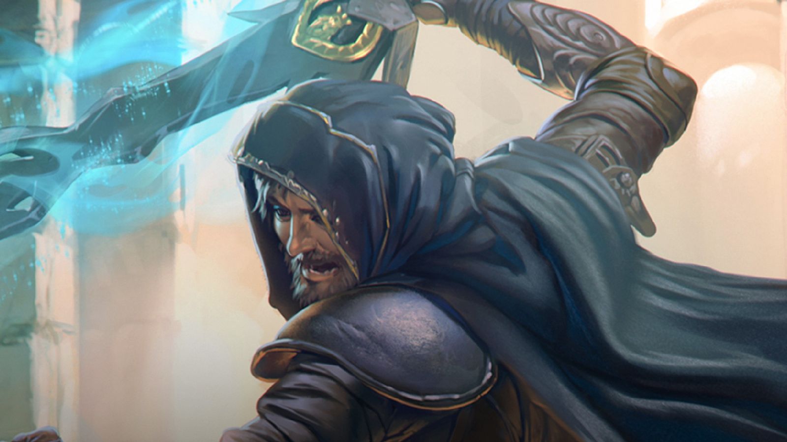 Character in a hooded cloak using a magical sword in Darkblade Ascent key art