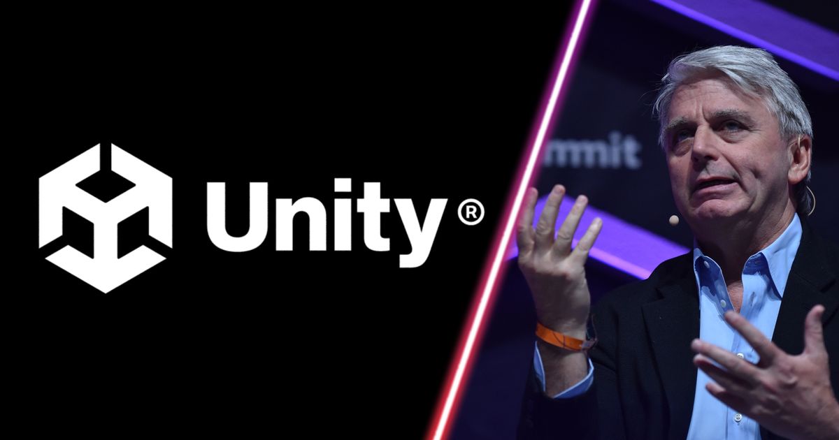 The Unity logo and Unity CEO John Riccitiello.