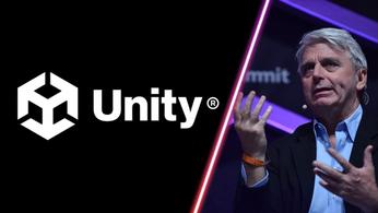 The Unity logo and Unity CEO John Riccitiello.