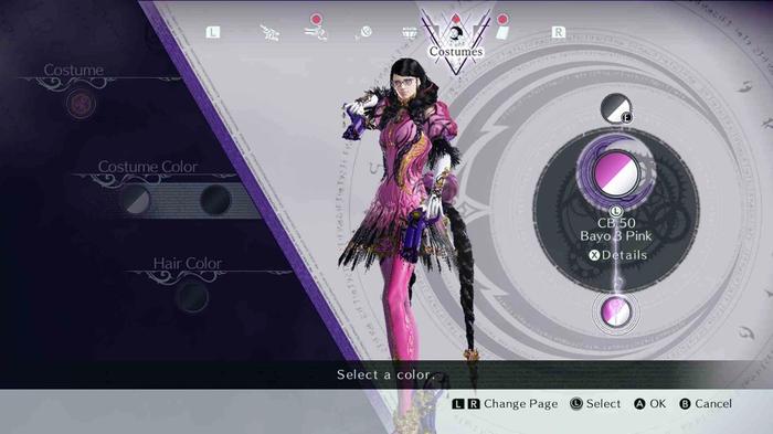 The costume selection screen in Bayonetta 3, with Bayonetta wearing a pink outfit.