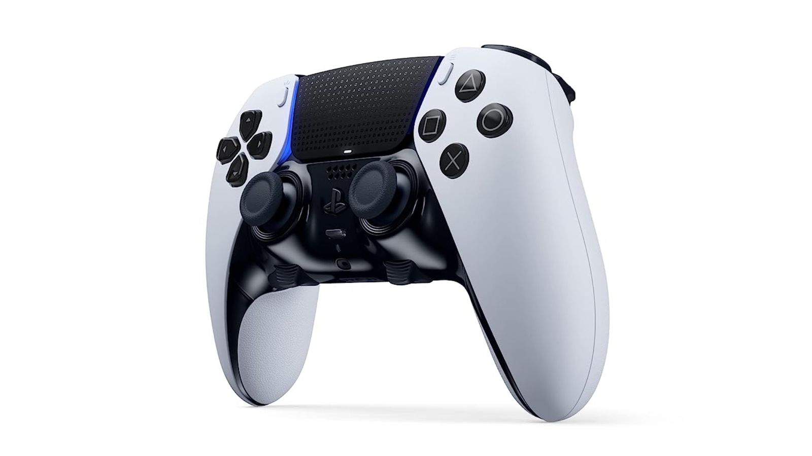 DualSense Edge product image of a white and black PS5 controller featuring blue lighting.