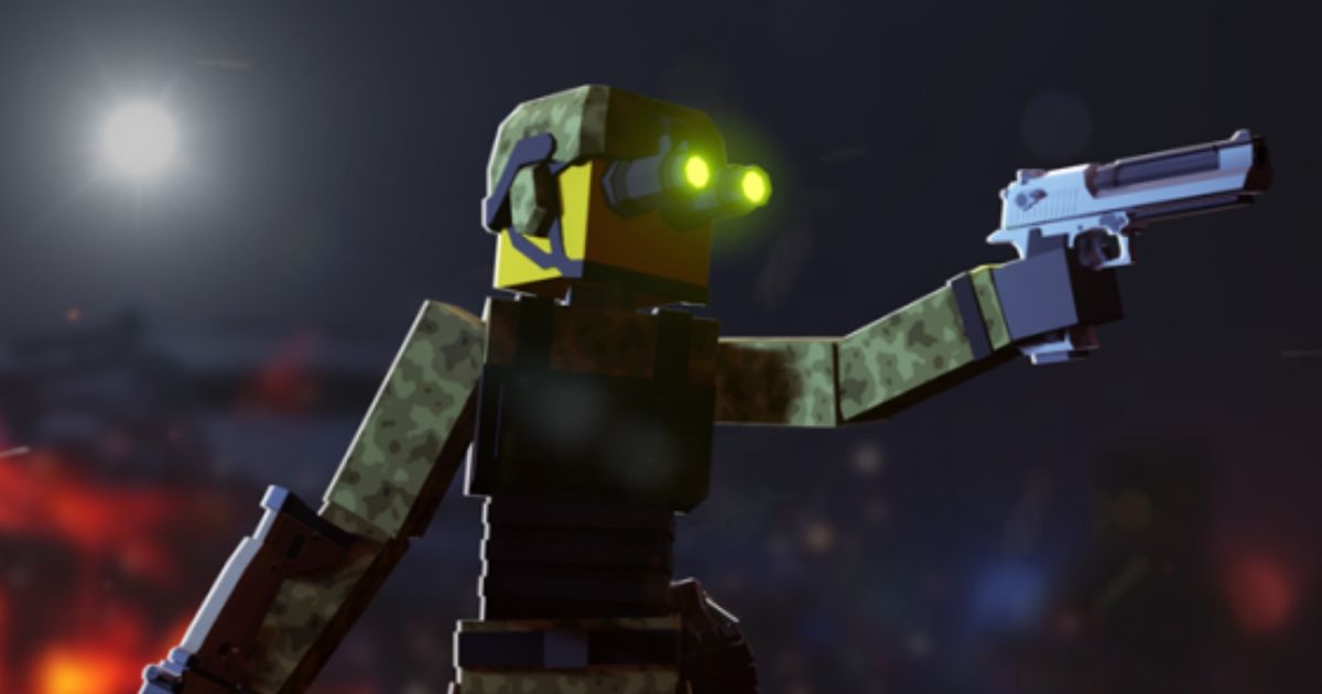 Screenshot from Bad Business, showing a Roblox avatar wielding a pistol
