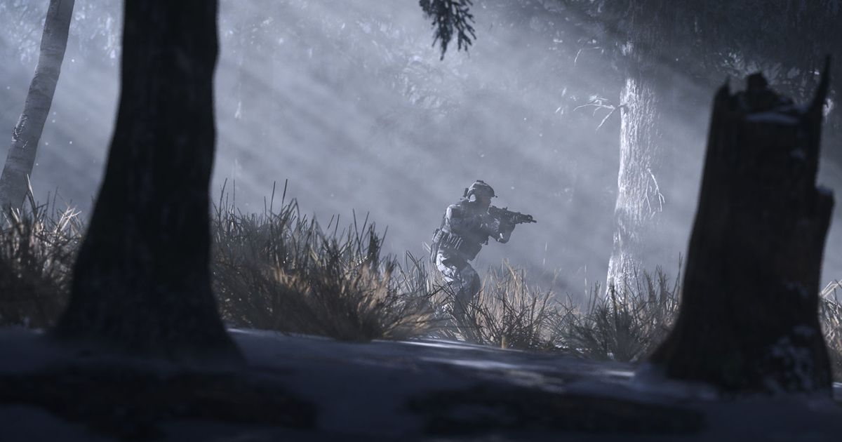Modern Warfare 3 player walking through forest with light coming through trees