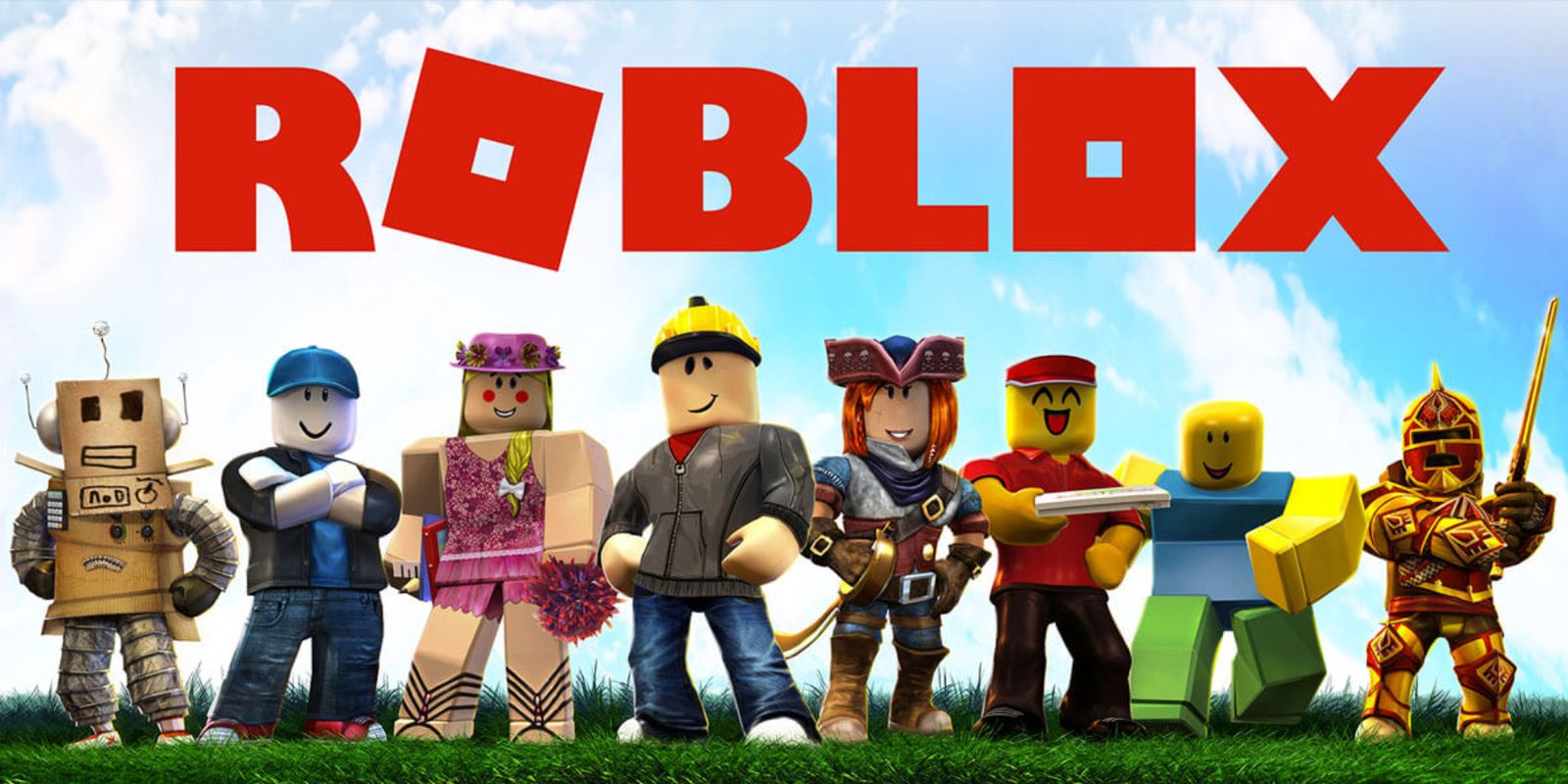 Roblox logo in red in front of a blue sky and above a group of Roblox characters.