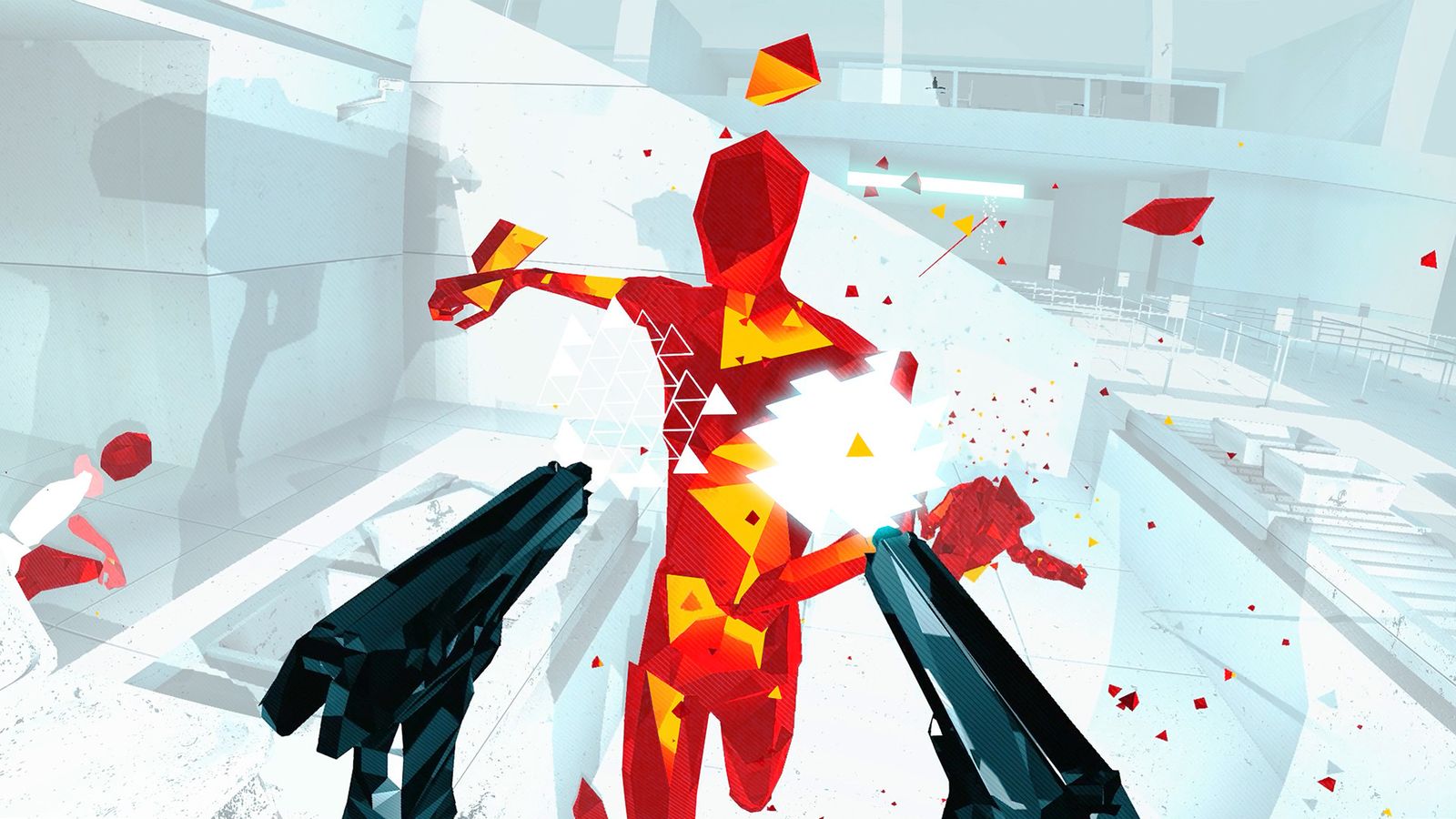 A first person image of someone holding two black guns firing them at a red blocky character.