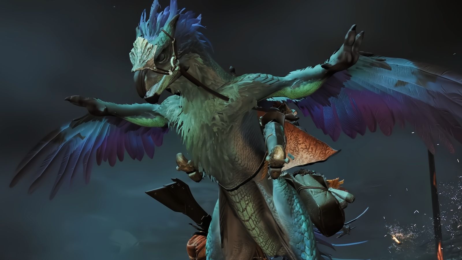 Monster Hunter Wilds - large bird creature with arms flying, with a person straddling it back