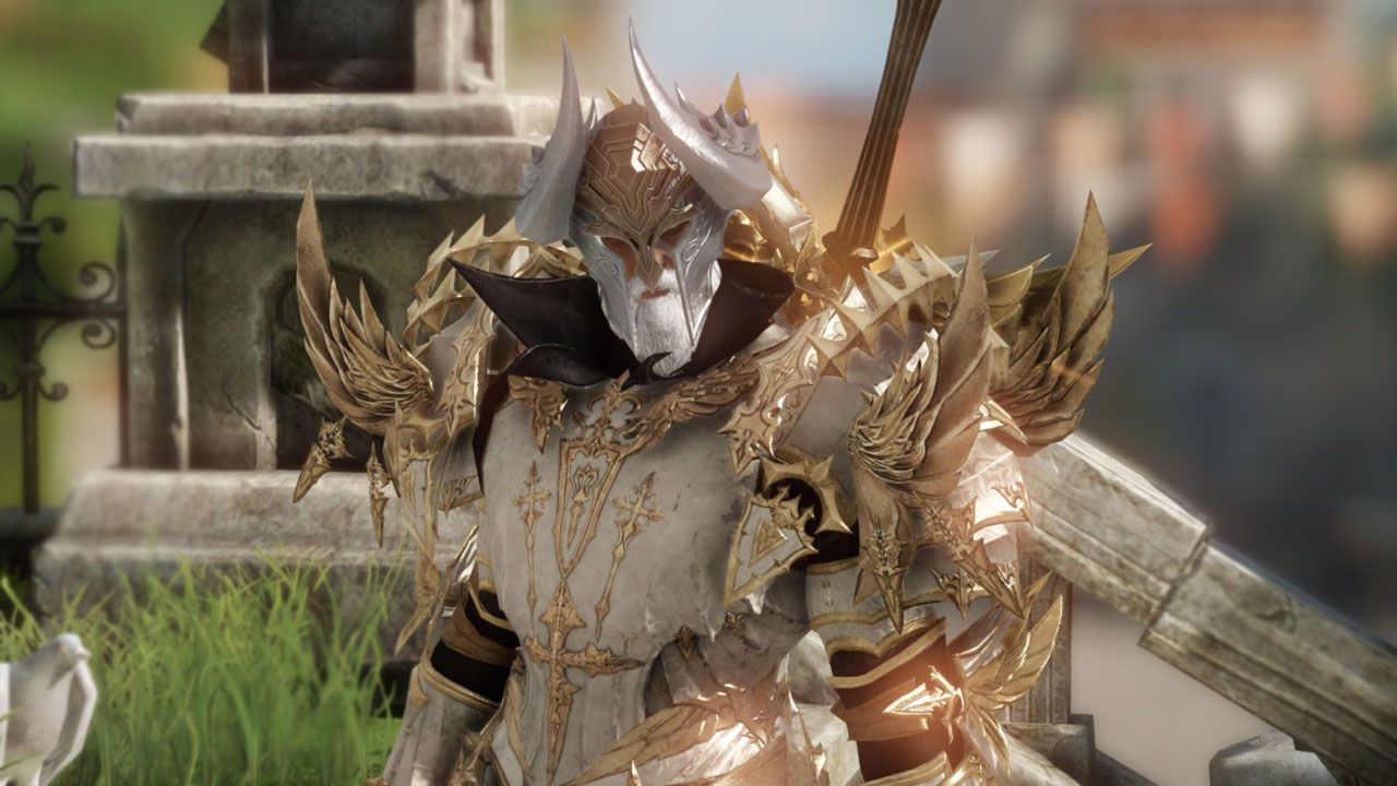 A Paladin in shining gold heavy armour faces the camera. They are framed from the middle up, with a stone pillar in the background