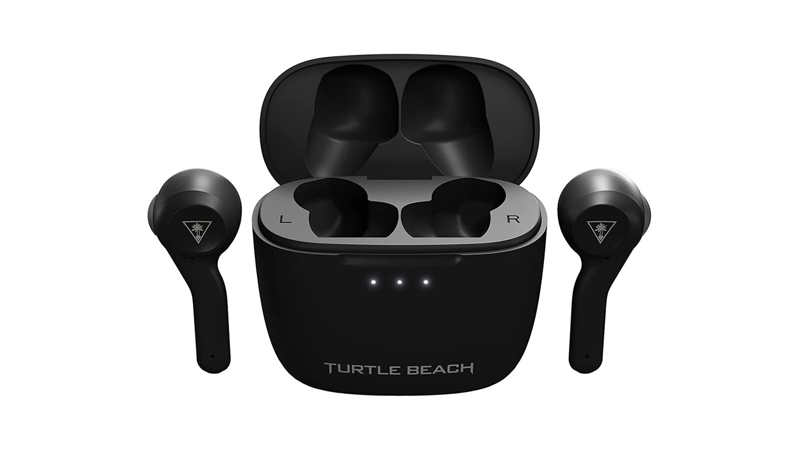 Best gaming earbuds - Turtle Beach Scout Air product image of two black wireless earbuds next to a rounded charging case.