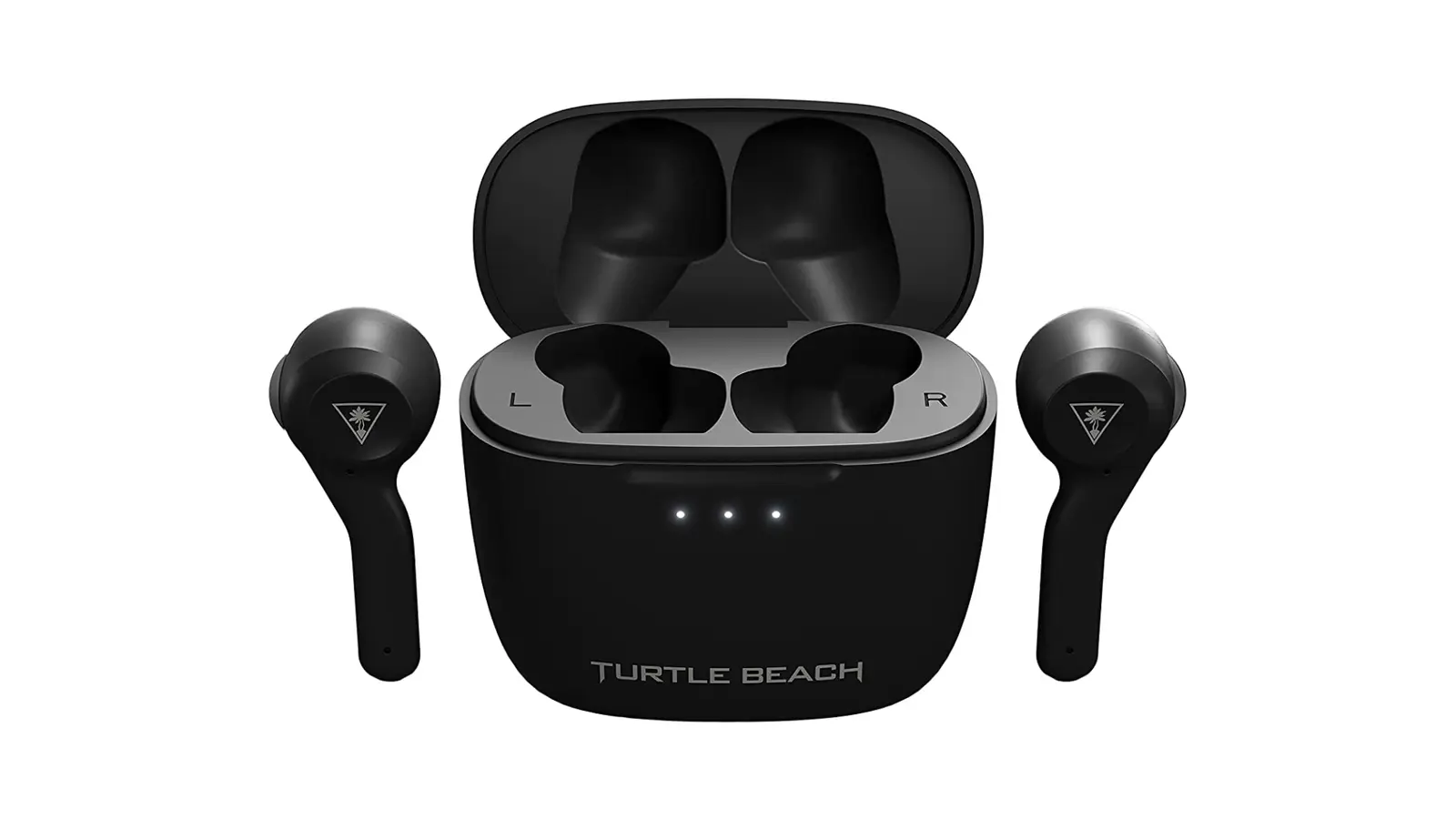 Best budget earbuds - Turtle Beach Scout Air product image of a black charging case with a set of black wireless earbuds on either side.