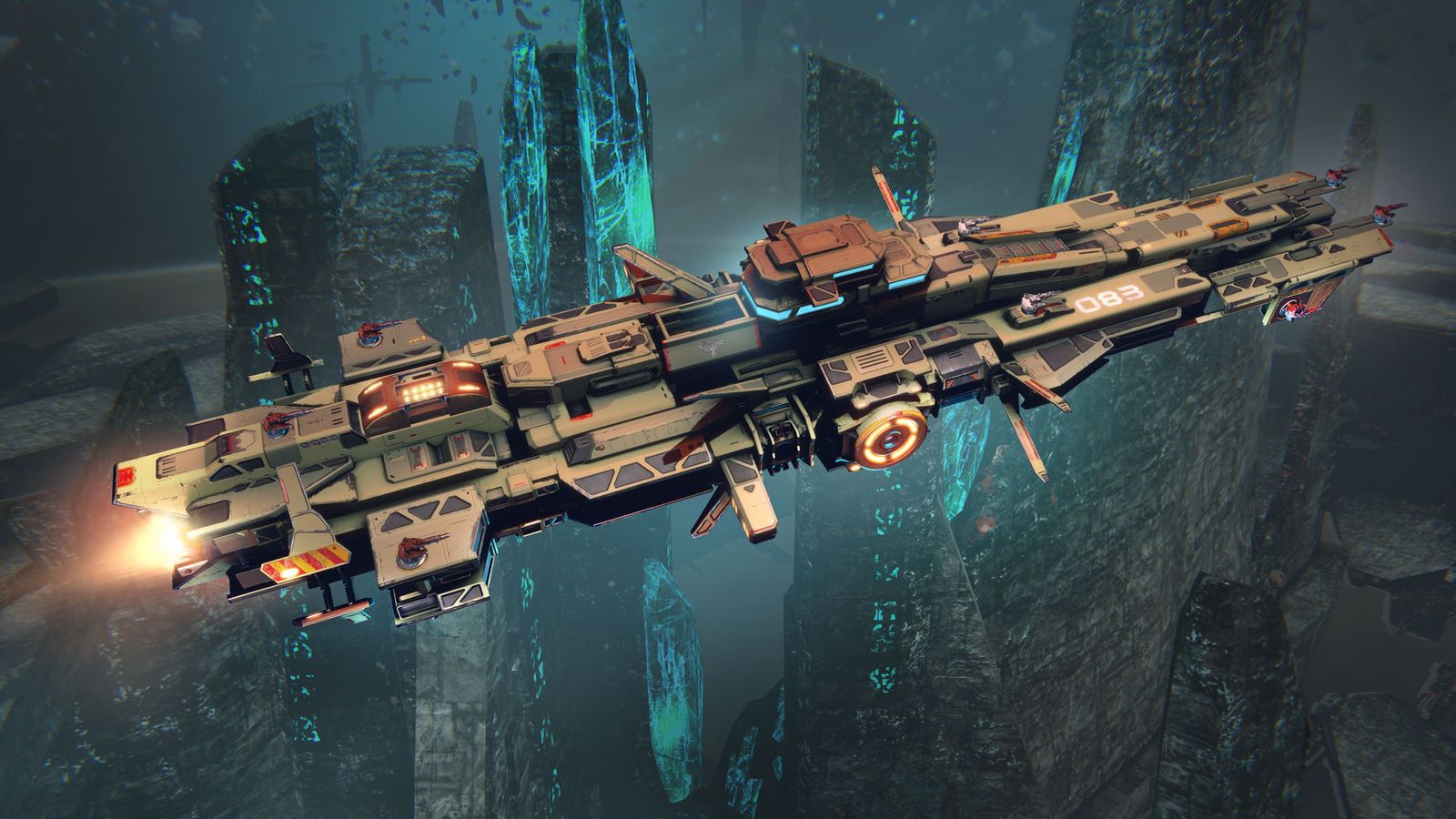Image of a spaceship above an urban city in Star Conflict.