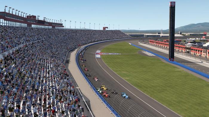 The view from above California Speedway during the sim race.