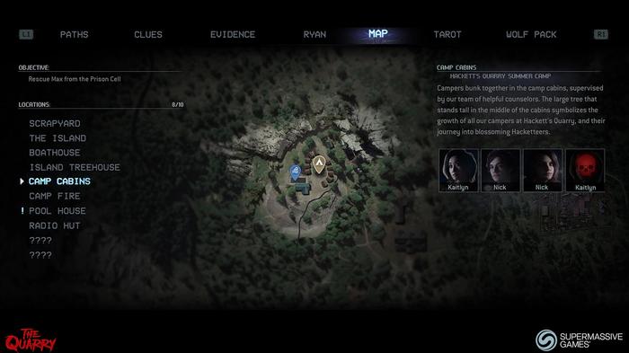 The map UI for The Quarry. It has a list of all the locations, as well as which characters are where.