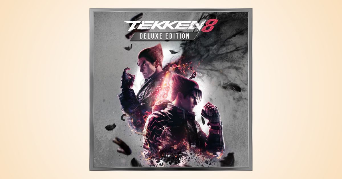TEKKEN 8 Deluxe Edition cover in grey featuring two characters back-to-back with orange flames between them in the centre.