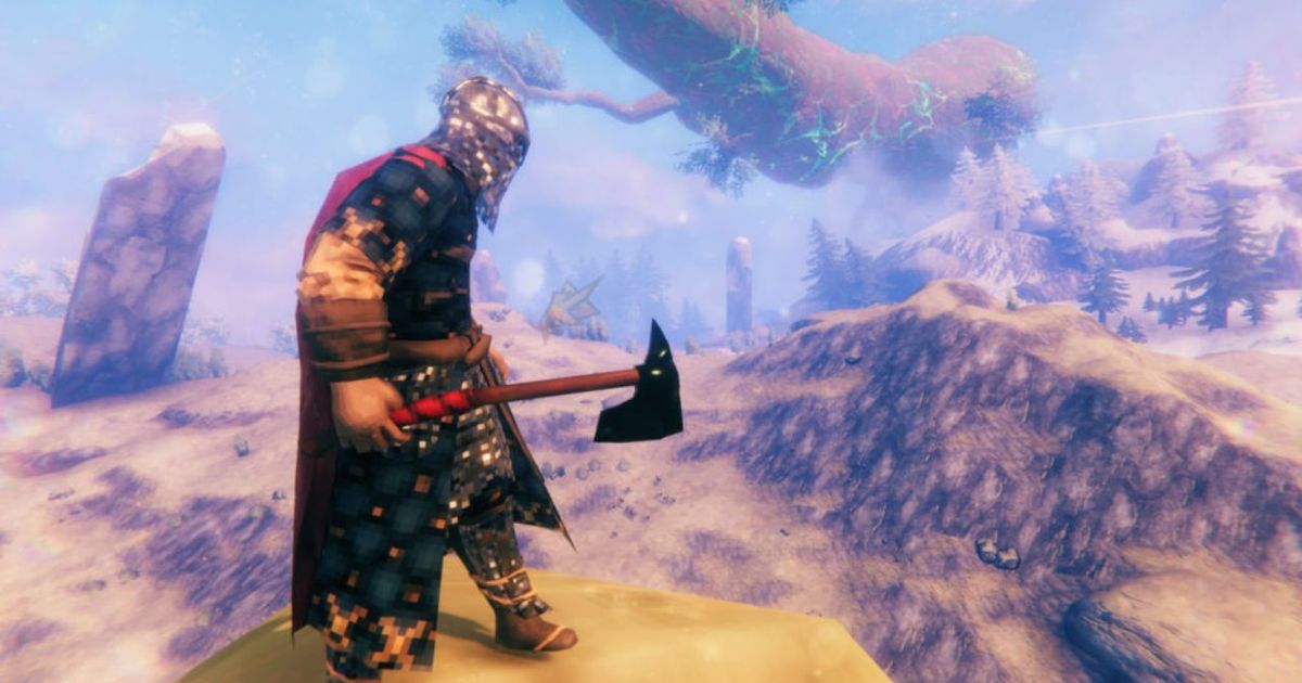 character with black metal axe in Valheim