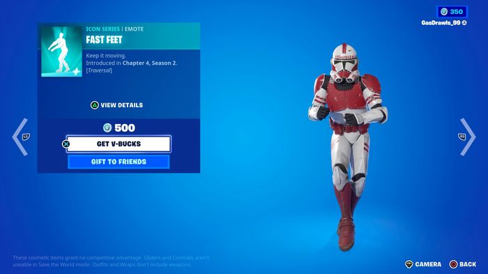 An Item Shop listing showing the Fast Feet emote in Fortnite.