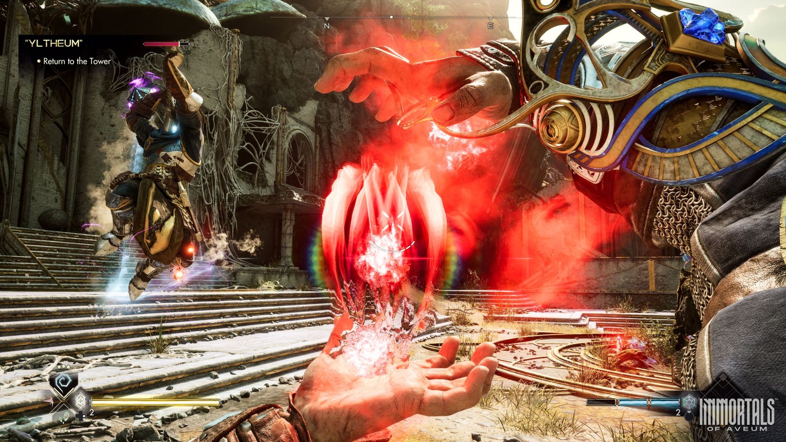 In-game footage from Immortals of Aveum showing Jak casting a spell with red magic