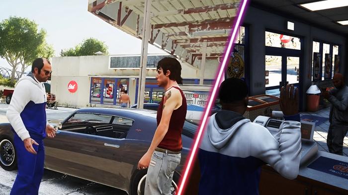 Some GTA 5 characters working at a gas station.