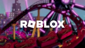 The Roblox logo with a rollercoaster in the background