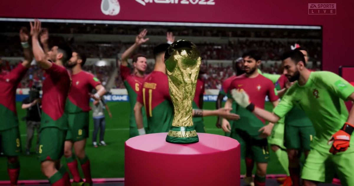 Portuguese players crowding around the World Cup trophy in FIFA 23.