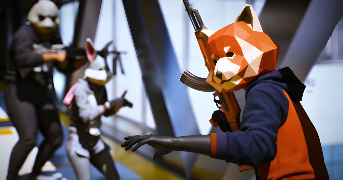 The Finals meta - three people in animal masks (left to right: panda, rabbit, fox), holding weapons while stood on scaffolding
