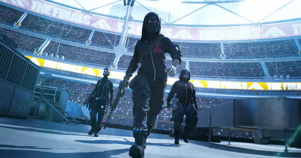 A group of 3 characters walking in a stadium in The Finals