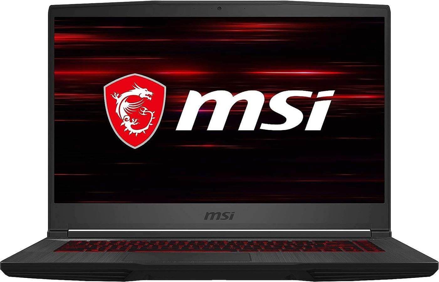 MSI GF65 product image of a black laptop featuring MSI branding in white on a red and black background on the display.