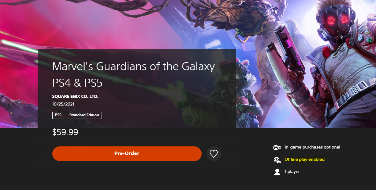 Screenshot of PlayStation's pre-order site for Guardians of the Galaxy