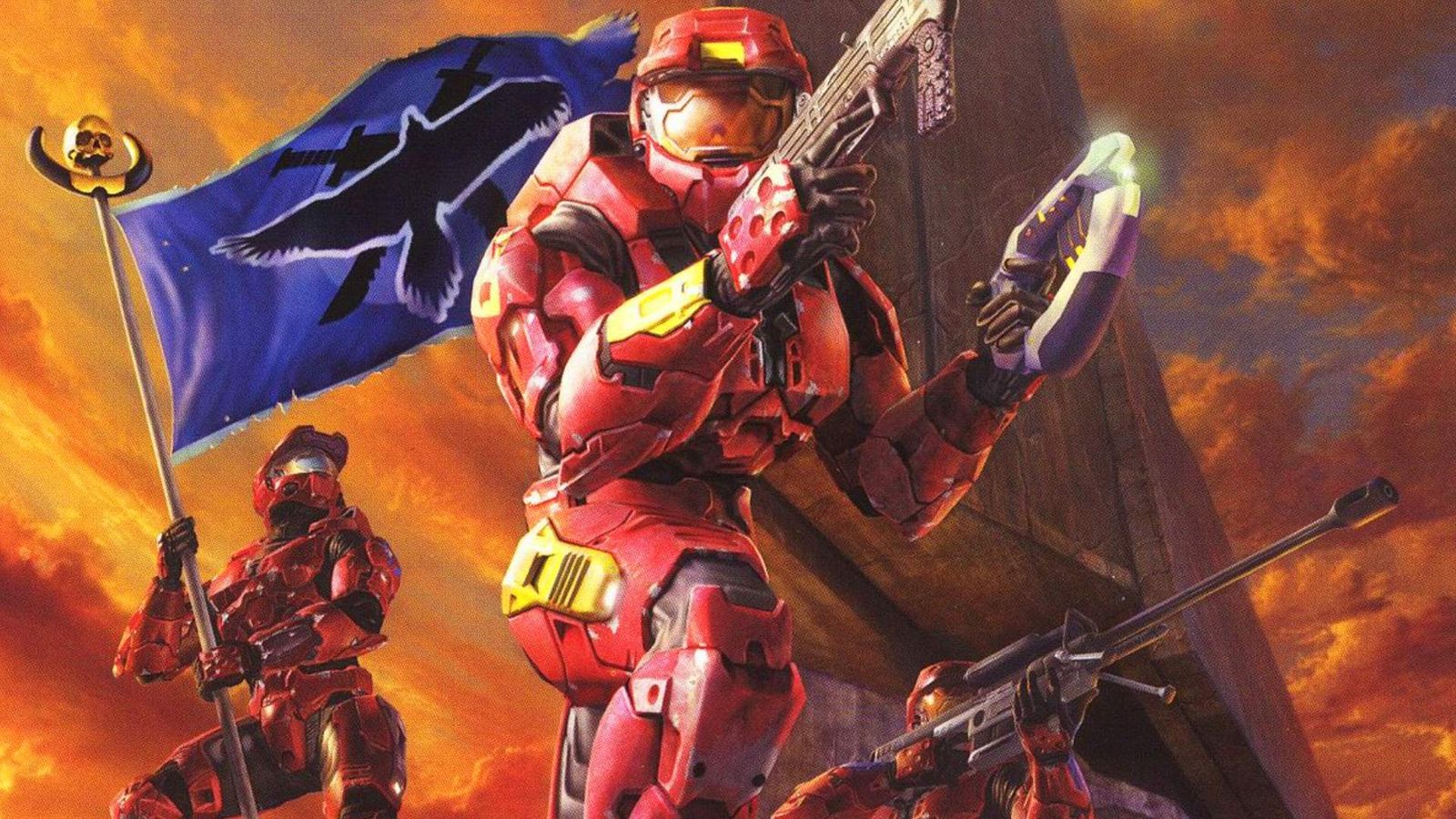 A high quality scan of Halo 2 multiplayer artwork showing three red spartans. The first spartan is posing heroically holding the blue flag, the second is croushing while dual wielding an SMG and plasma pistol, the last is holding a sniper