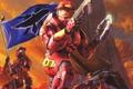 A high quality scan of Halo 2 multiplayer artwork showing three red spartans. The first spartan is posing heroically holding the blue flag, the second is croushing while dual wielding an SMG and plasma pistol, the last is holding a sniper