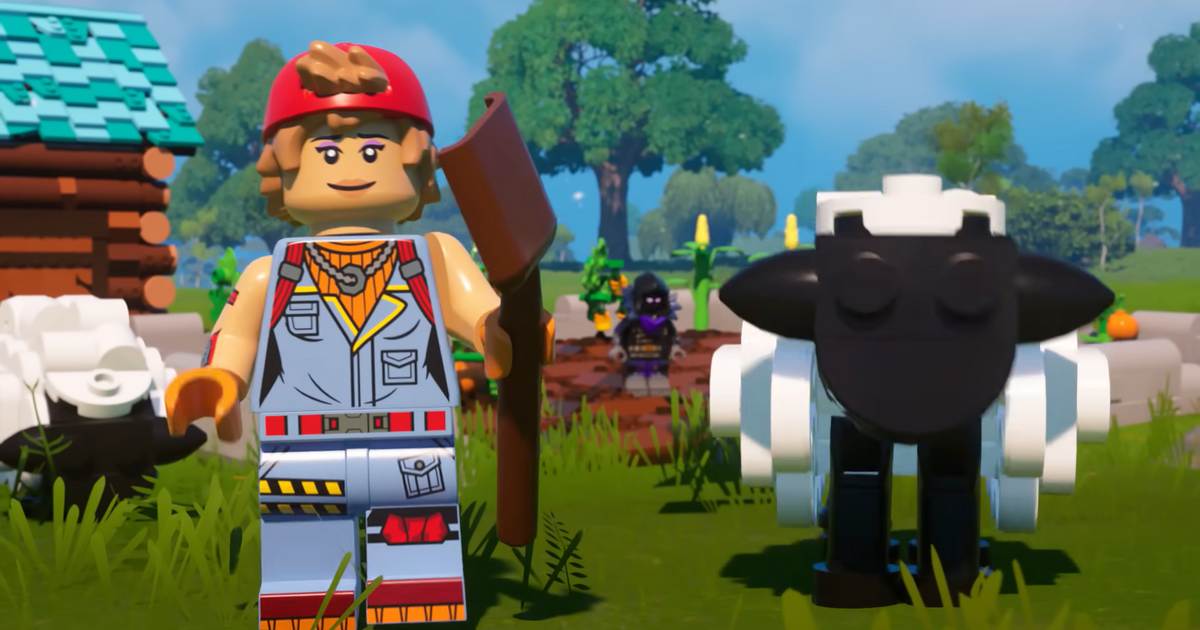 Farmer with a sheep in Lego Fortnite.