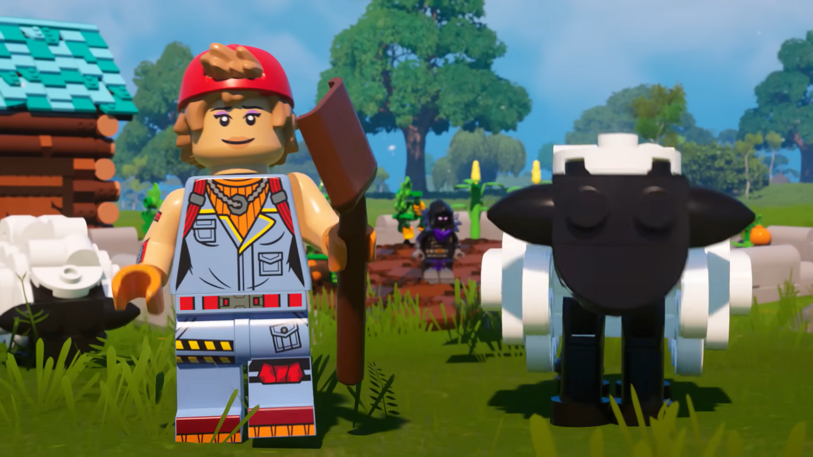 Farmer with a sheep in Lego Fortnite.