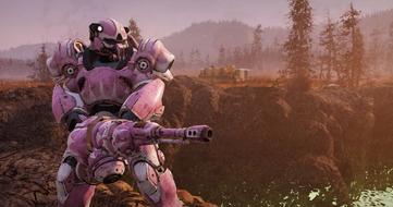 A pink and white robot holding a large gun in the wasteland of Fallout 76.