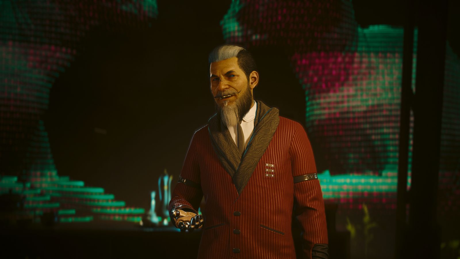 Cyberpunk 2077 man in red coat stands in front of a screen
