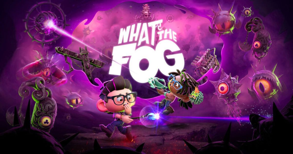 Dead by Daylight's Claudette and Dwight fight off evil creatures while wielding a crossbow and magic wand. 'What The Fog' is emblazoned above them in big, chunky white text.