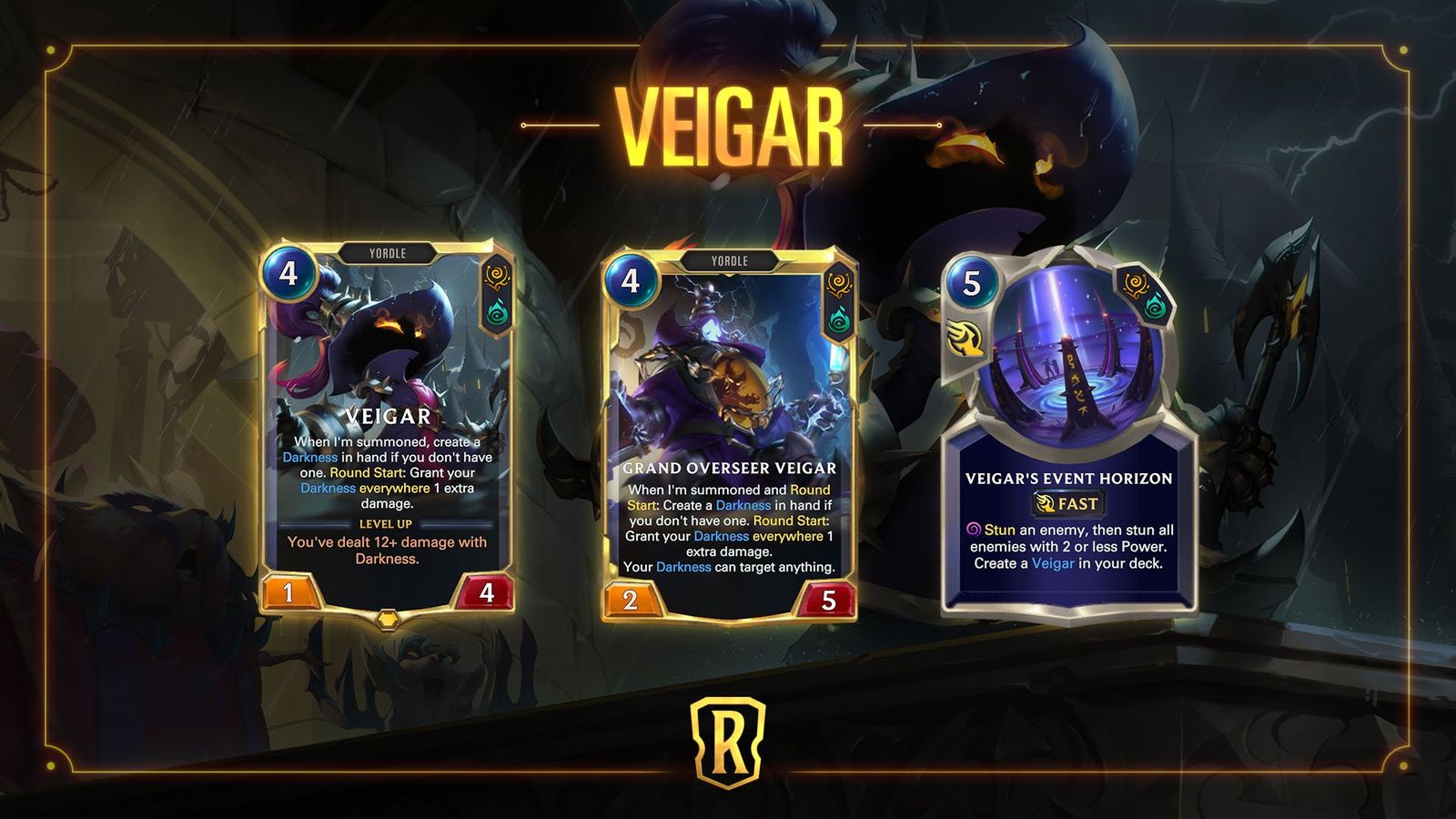 Veigar's card from Legends of Runeterra, alongside his levelled up card and Event Horizon spell.