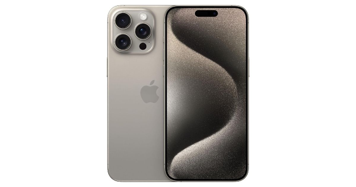 iPhone 15 Pro Max product image of a natural titanium-colored phone.