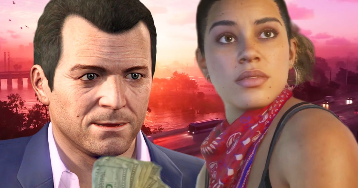 GTA V Michael DeSanta next to GTA 6 Lucia on top of a sunset background of the Vice City freeway