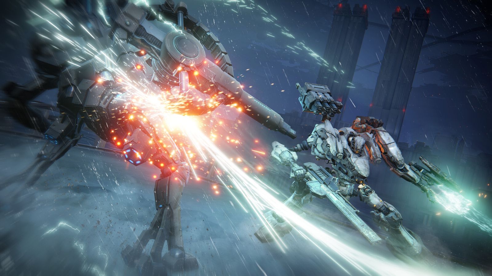 a mech attacking with a sword in armored core 6
