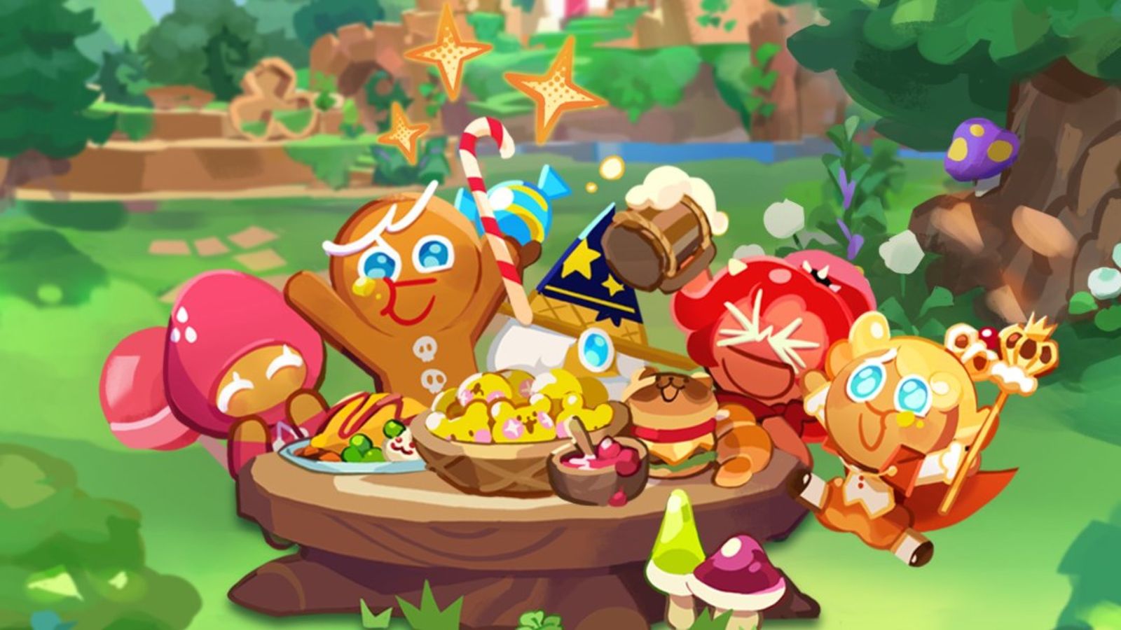 Screenshot from Cookie Run: Kingdom, showing four cookies having a picnic