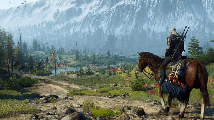 Geralt and Roach riding by a lake in The Witcher 3.