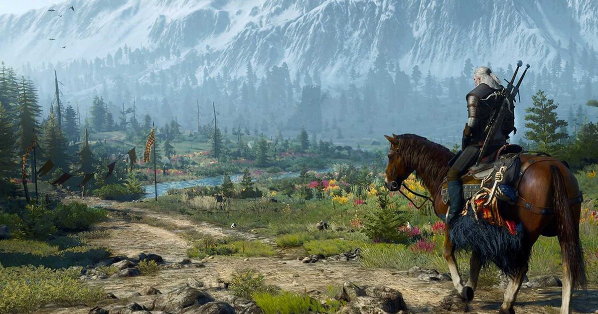 Geralt and Roach riding by a lake in The Witcher 3.