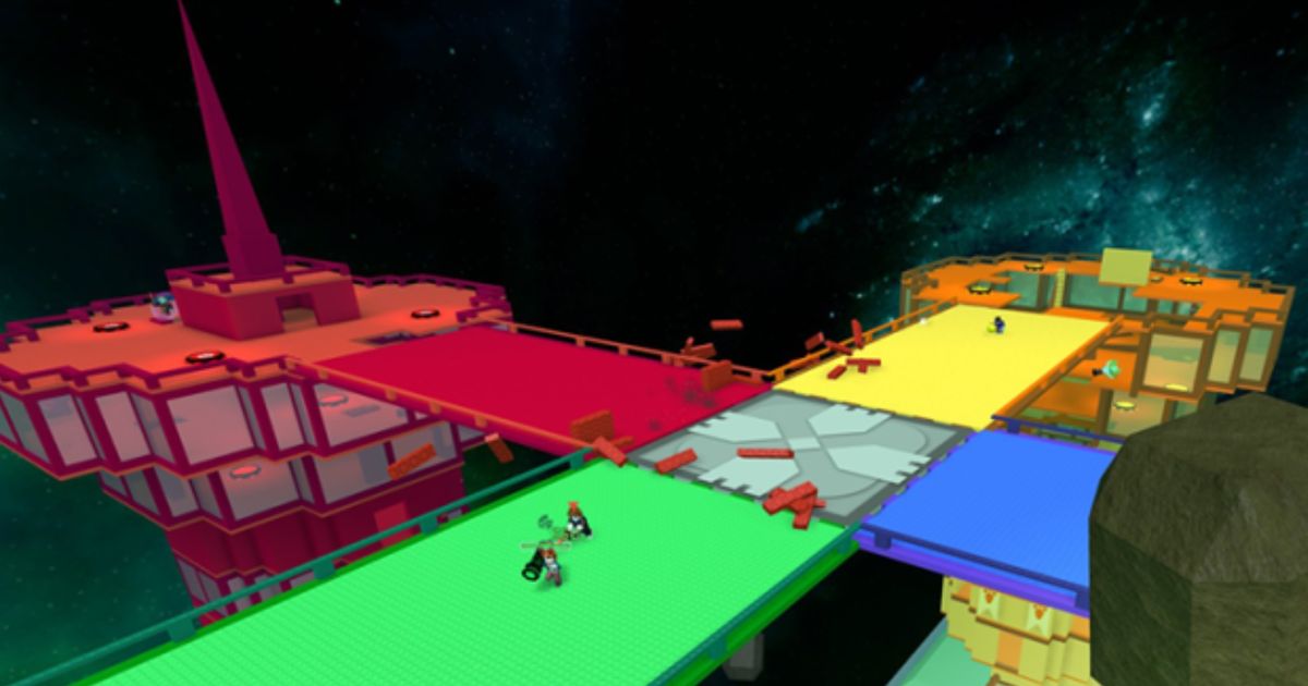 Screenshot from Super Doomspire, with red, yellow, green, and blue towers battling