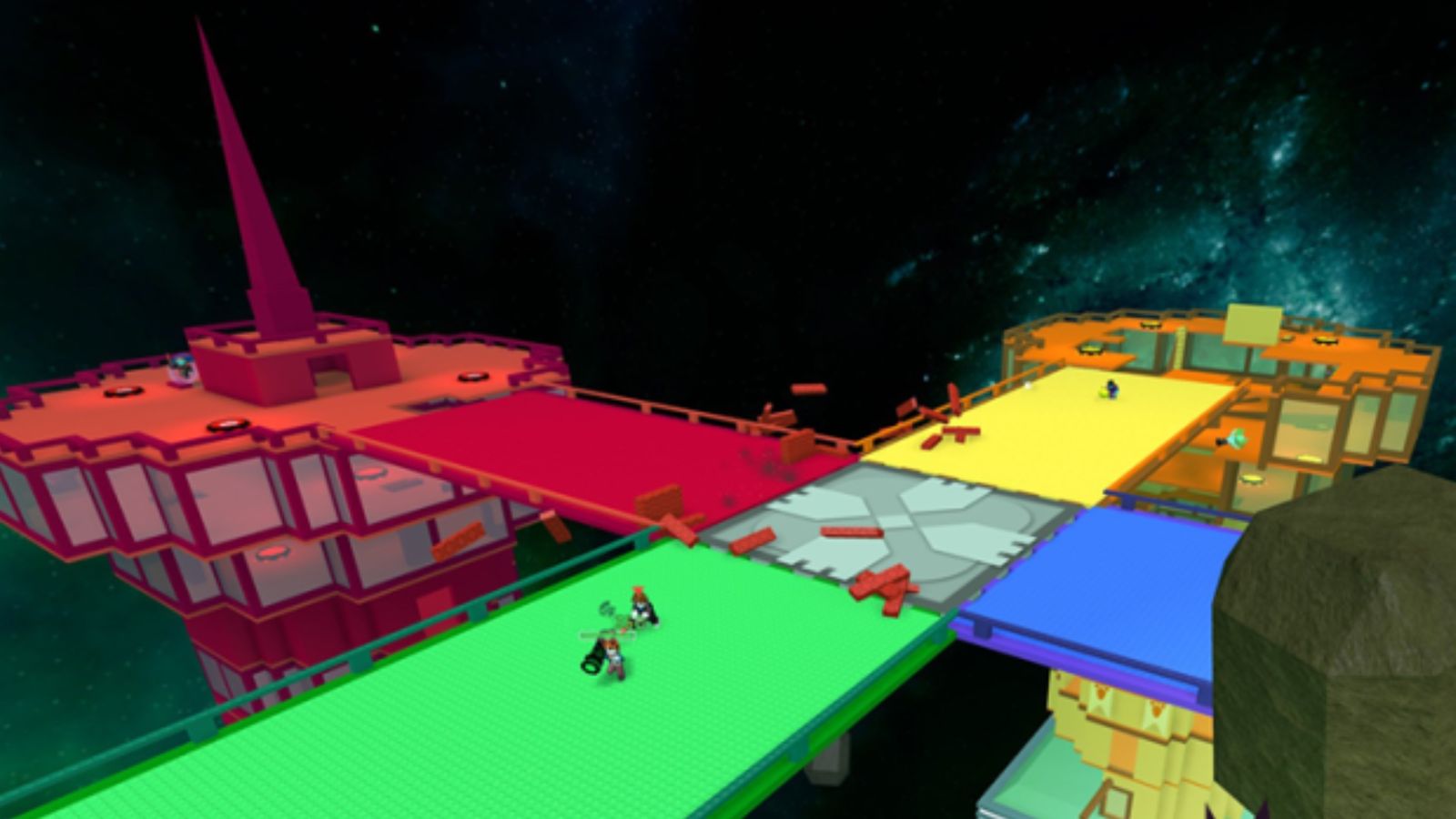 Screenshot from Super Doomspire, with red, yellow, green, and blue towers battling
