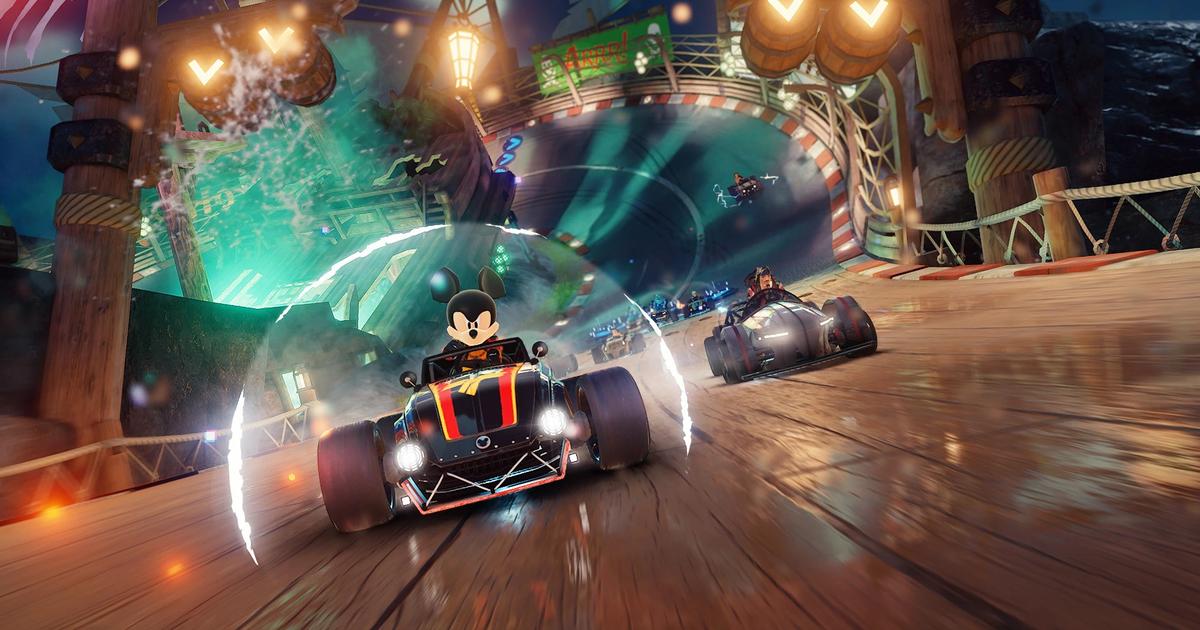 Mickey racing in Disney Speedstorm