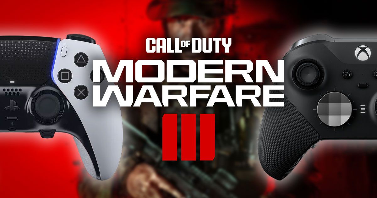 Call of Duty Modern Warfare 3 logo in white and red with a white PS5 controller on one side and a black Xbox controller on the other.